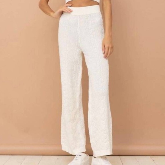 hersy Pants - Hersy White Cream Cable Knit Chunky Pull On Straight Semi Wide Sweatpants Small